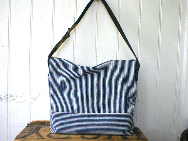 Indigo stripe denim leather day bag, iPad bag - adjustable strap - eco vintage fabrics