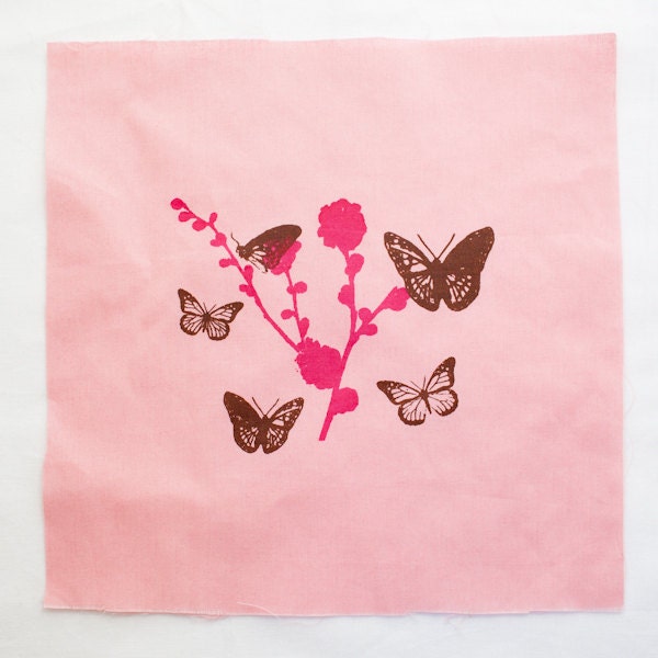 Butterflies and Flowers Patch, Feminine screen print, silkscreen, pink fabric