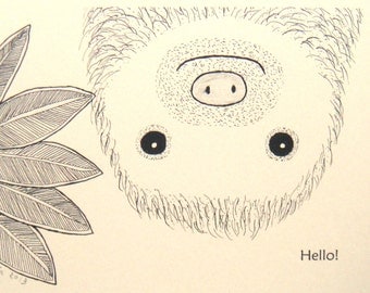 Print of Original Ink Drawing Sloth Illustration Black & White Ivory 4x6 Home Wall Decor