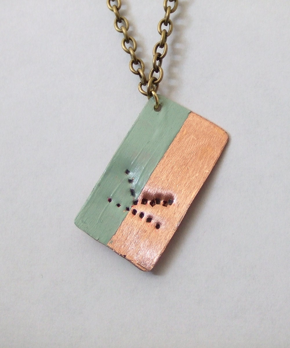 Monogram Initial Copper Pendant Necklace Hand Dipped Painted Mint Green - Customize - Personalize