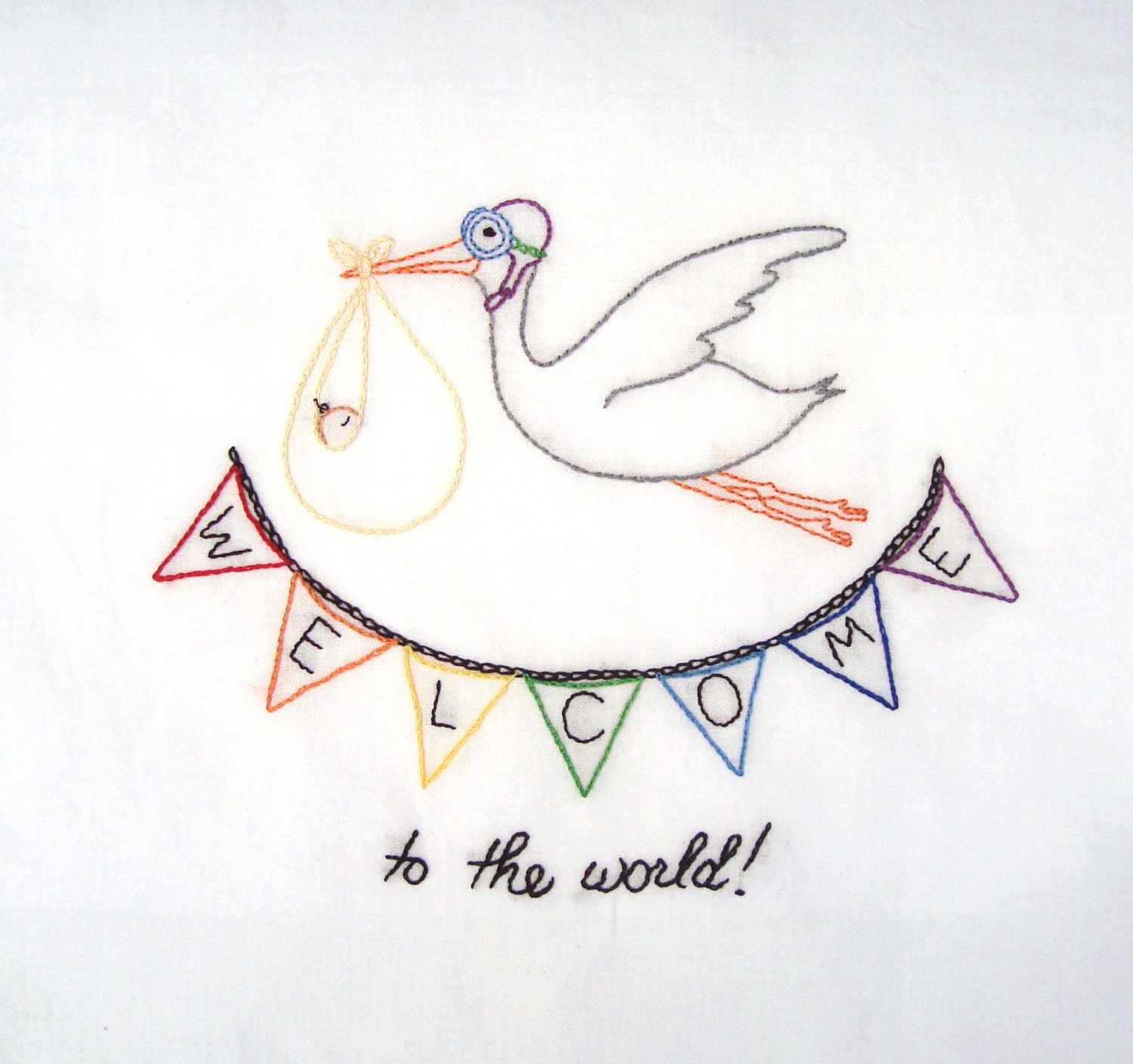 Welcome to the World New Baby Hand Embroidery PDF Pattern with Stork & Bunting
