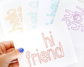 Hello Card Set of 5. Colorful, Rainbow Colors. Card Set.