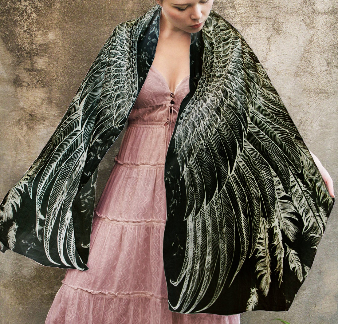 Women scarf, Hand painted Wings and feathers on black Modal/rayon, stunning unique and useful, perfect gift