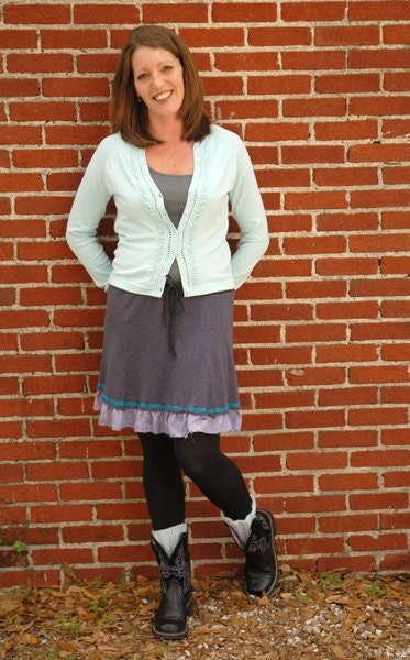 Size M / LG Recycled Purple Sweater skirt with Silk trim and drawstring waist