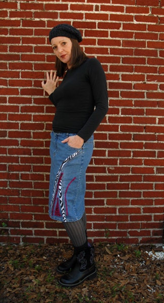Size 10  Upcycled knee length denim skirt with Animal Print Applique