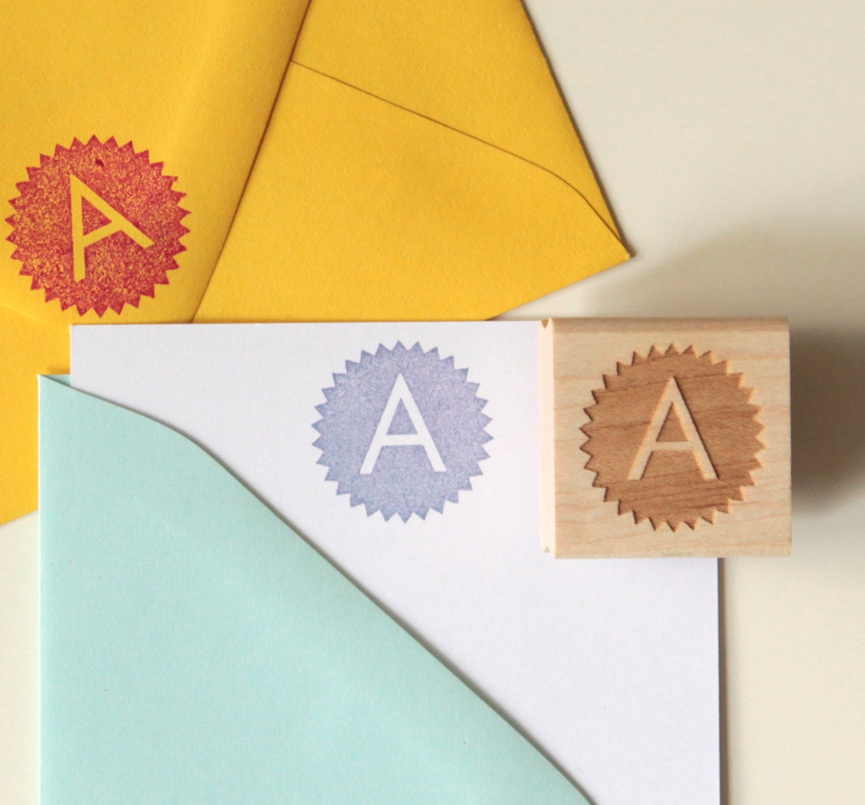 Custom Monogram Rubber Stamp (Wood Mounted), Modern Starburst Design, Petites Collection