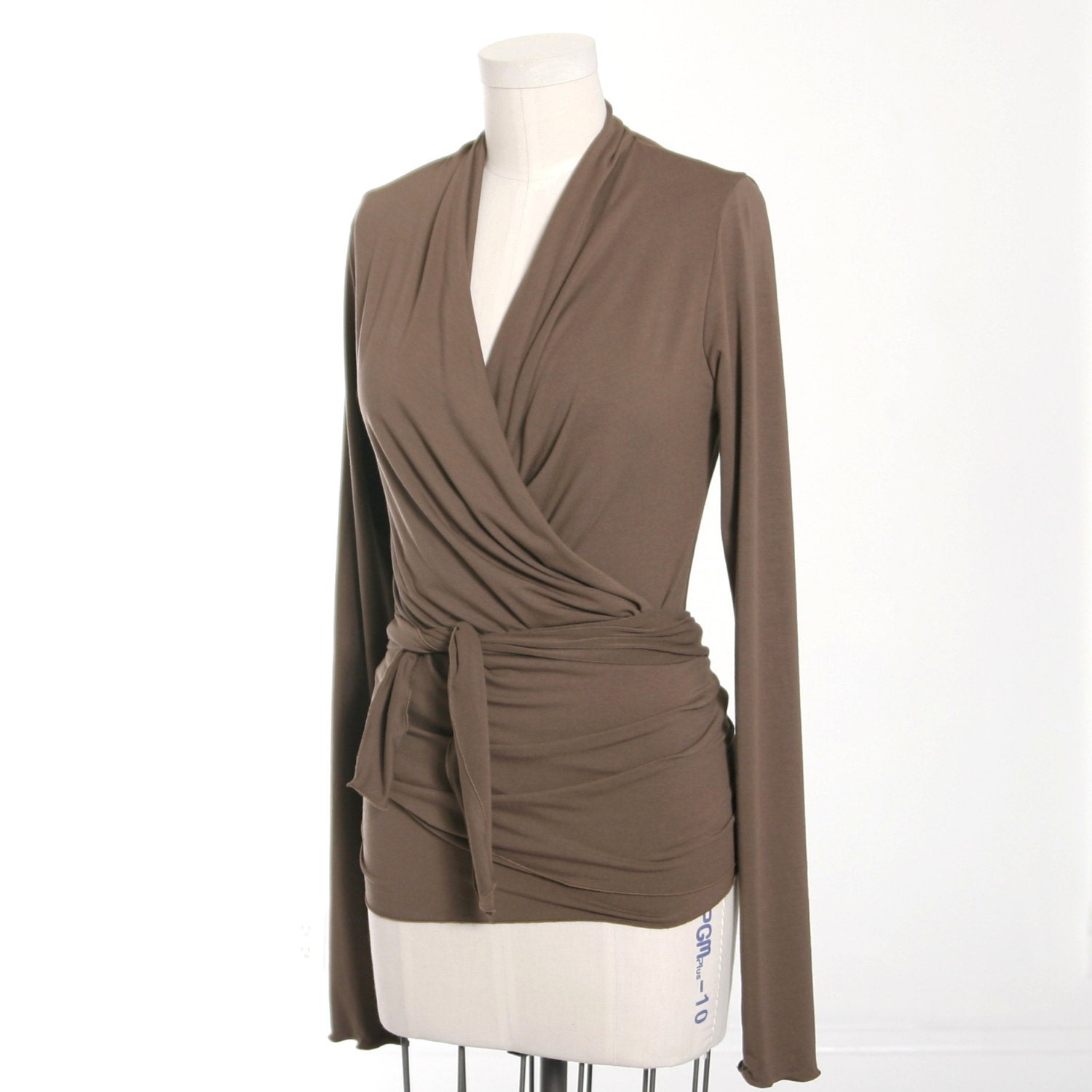 Long Sleeve Toffee Brown Stretch Knit Wrap Top