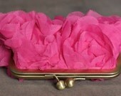 3D Rosette Fuchsia Pink Clutch with Antique Brass Frame