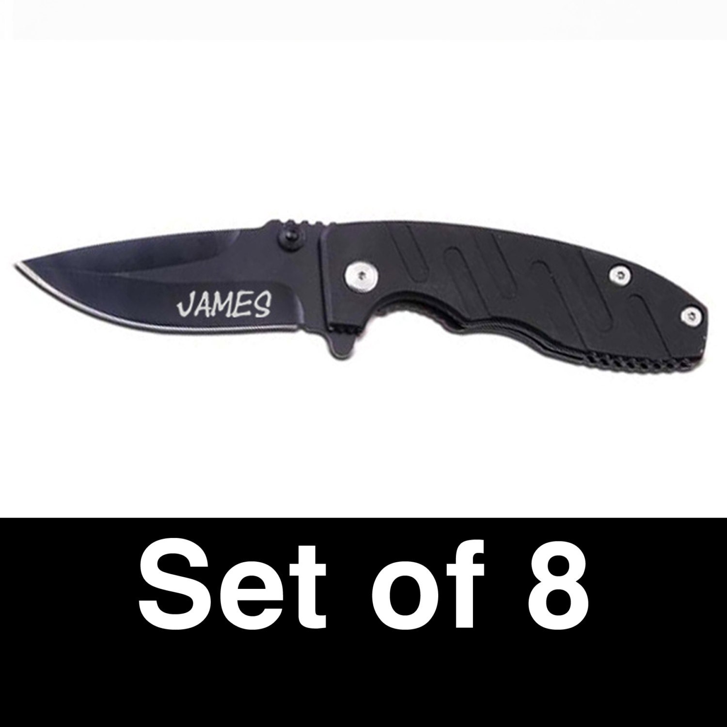 Set of 8 Custom Personalized Engraved Spring Assist Extreme Action Black Knives, wedding, groomsmen, special occasion gift