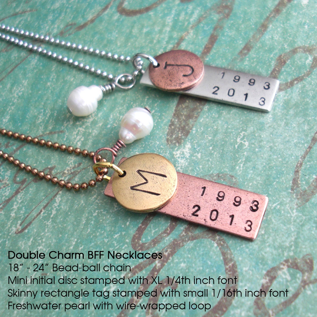 BFF Double Charm Necklace SET..  Round and Square, Front and Back stamping.. customize Antiqued Copper, Gold, Silver tags, Mix of Metals