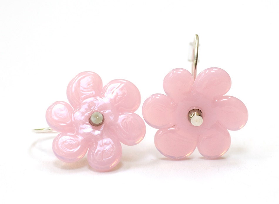 Baby Pink Flower Bead Earrings Handmade Lampwork Glass Sterling Silver Made to Order