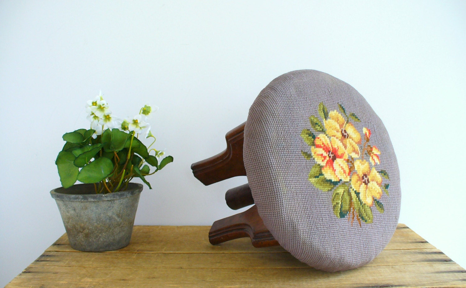 Vintage Wooden Stool Needlepoint Floral Cover