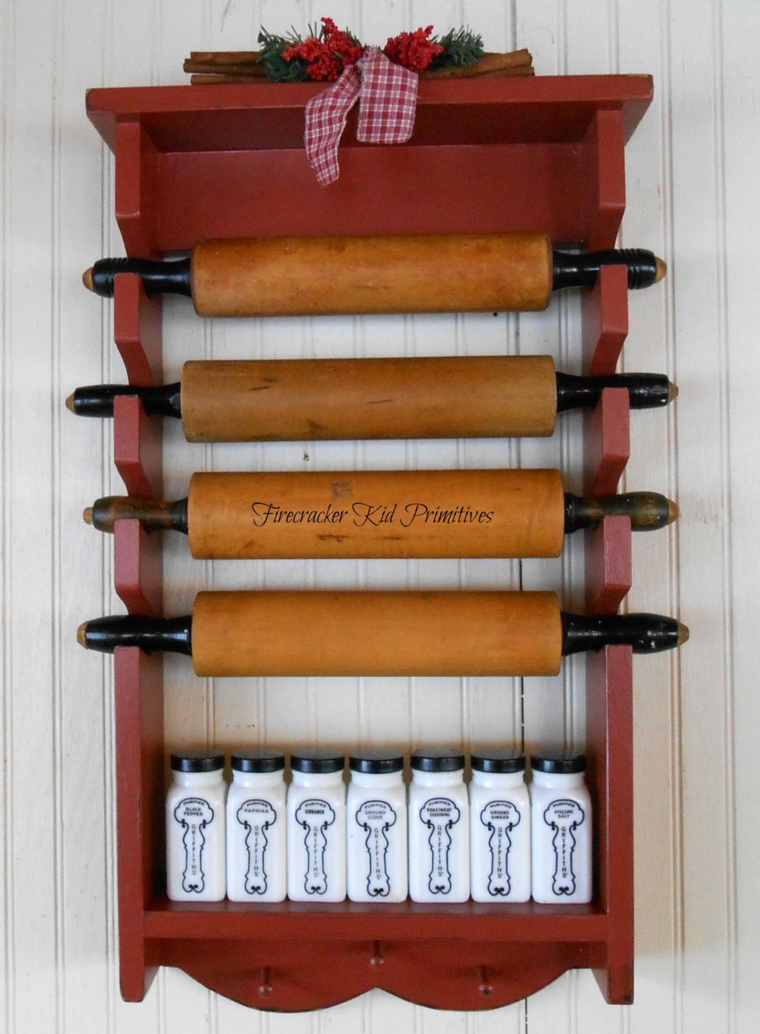 Primitive Rolling Pin Rack with Pegs Wooden Country