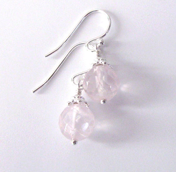 Rose Quartz Gemstone Earrings, Sterling Silver Drop