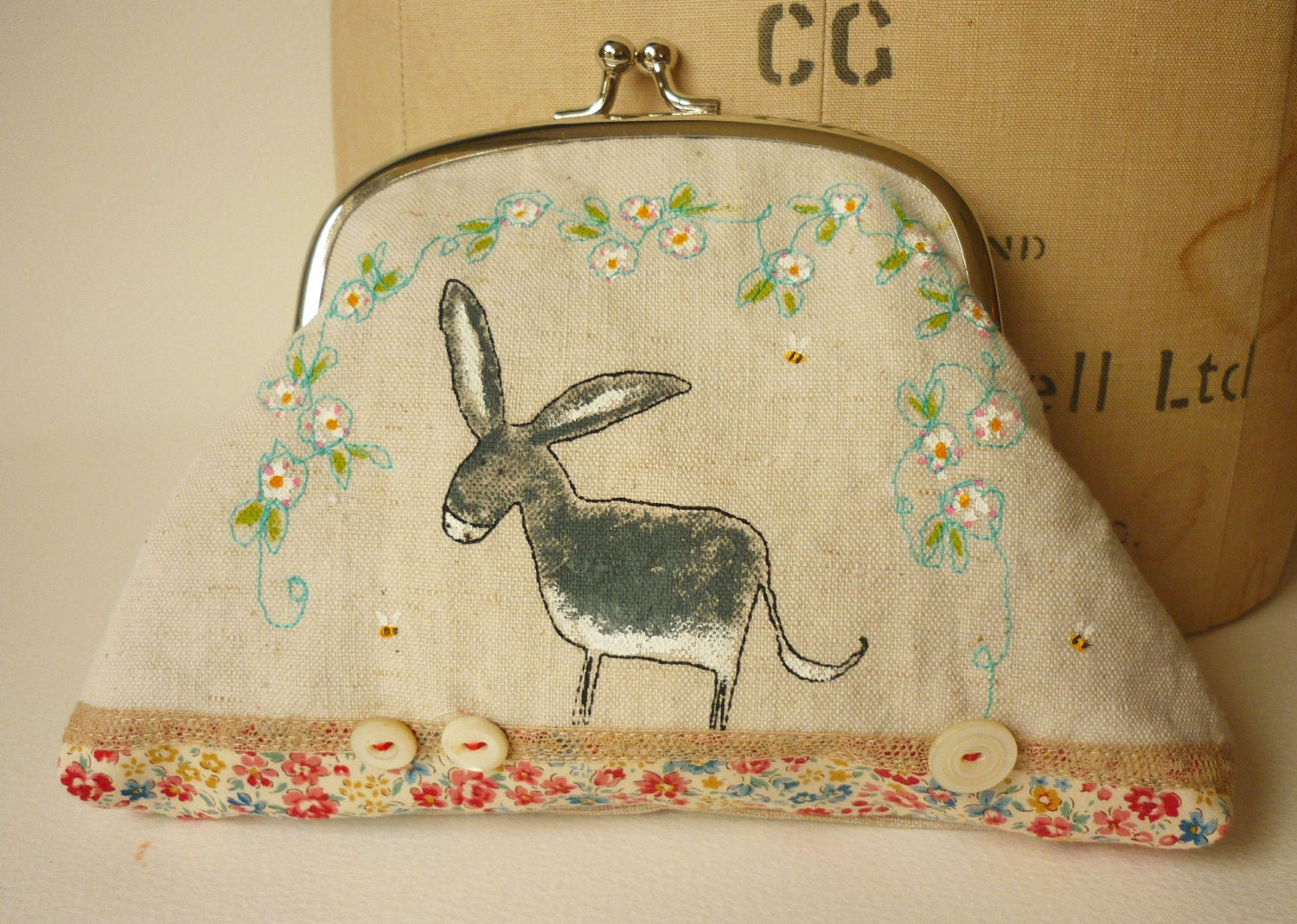 Coin Purse or Clutch.. screen printed Donkey ... ooak ... Hand painted and free machine embroidered flowers