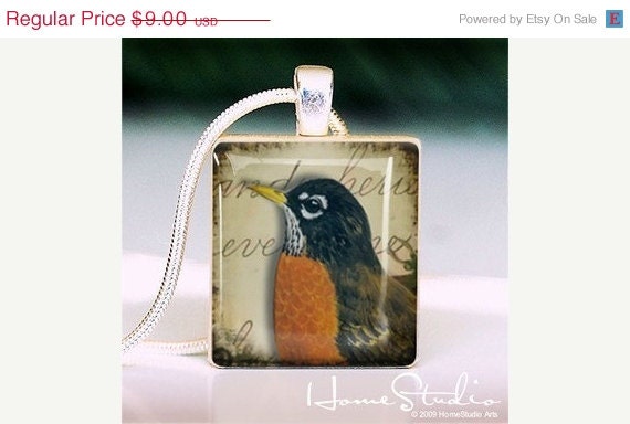 Moving Sale - ROBIN : a cute art pendant charm made on a Scrabble game tile piece