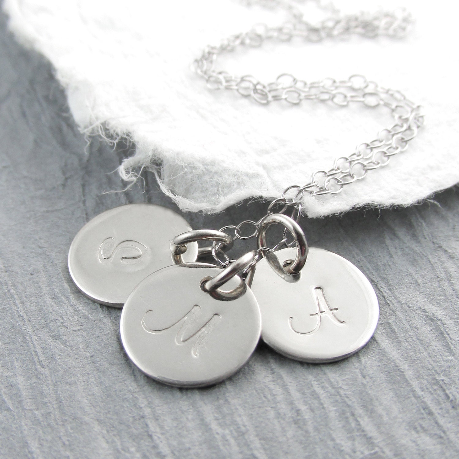 Statement Jewelry 14k Solid White Gold Initial Necklace Personalized Triple Round Pendant - Your Choice of Initials