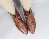 size 10 -  1980s dark brown leather Fold Over Ankle Boots - vintage cuffed oxfords, pixie lace ups, granny style