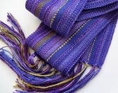 handwoven scarf, deep blues and purples stripe with bamboo ribbon