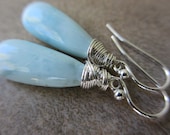 Larimar Silver Earrings, Wire Wrapped, Long, Smooth Briolette, Blue Earrings, Sterling Silver, Irisjewelrydesign