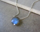 Labradorite Silver Necklace, Blue Green, Aqua, Coin, Sterling Silver, Round, Irisjewelrydesign, Fashion