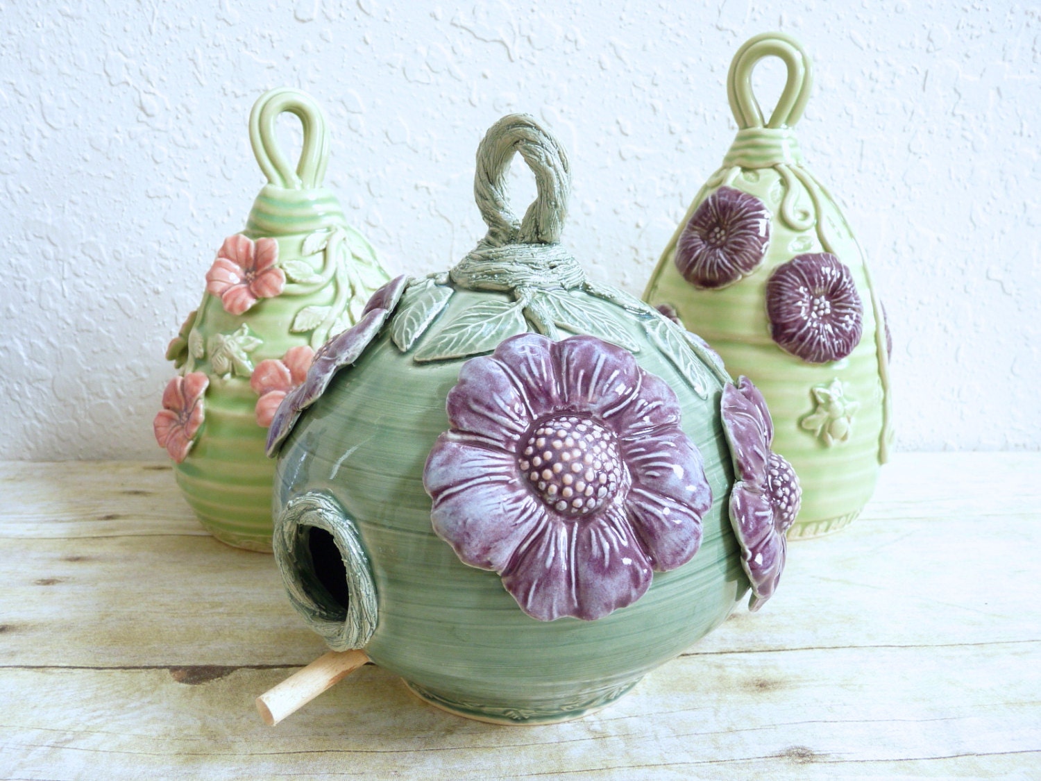 Ceramic Birdhouse Handcrafted Purple Poppy Flowers Sage Green Garden Art Gardening Decor Summer