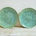 Ceramic Dessert Salad Plates Set of Two, Garden Ladybugs Stoneware Pottery Handcrafted Aqua Blue Green