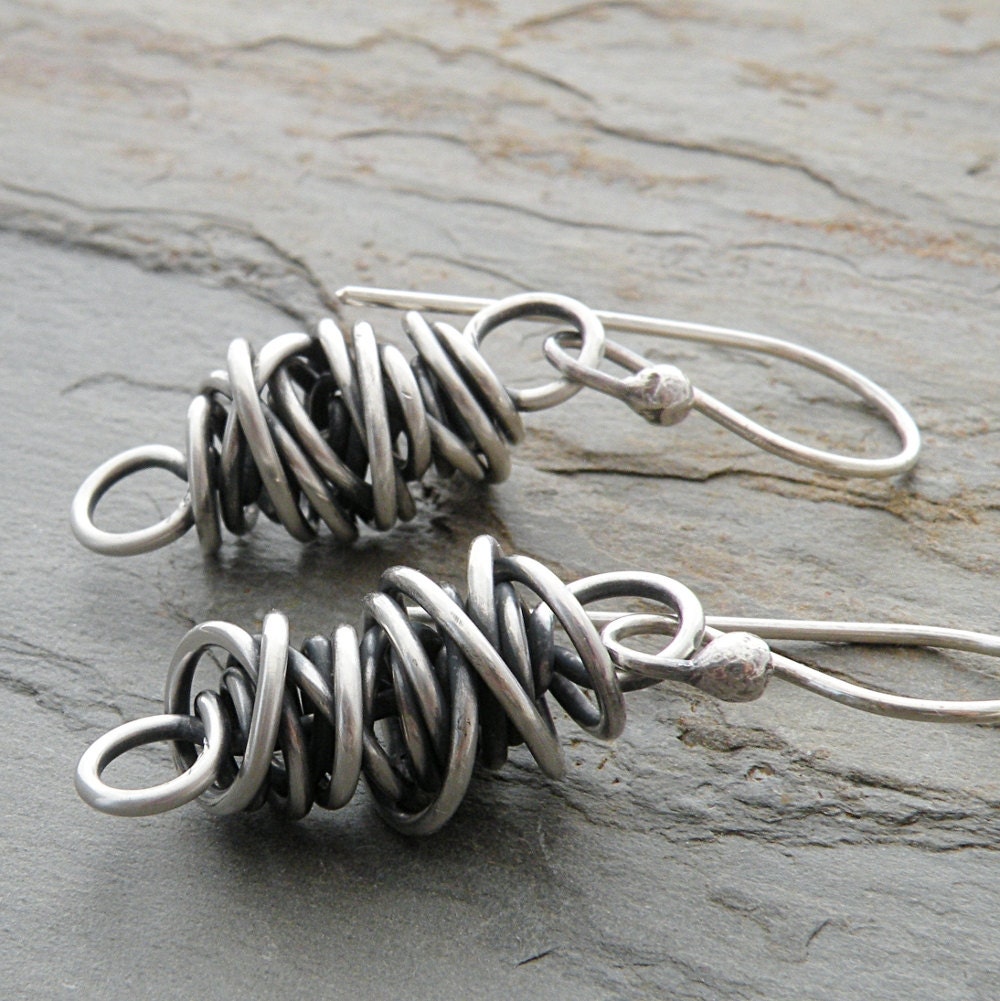 Sterling Silver Earrings, Simple, Wire Wrapped, Thick Twistie Beads, Casual