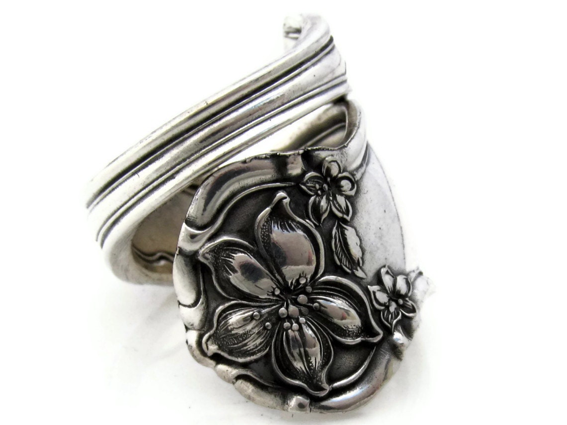 Silver Art Nouveau Orange Blossom Size 8 Wrapped Style Wide Spoon Ring 1910 Floral