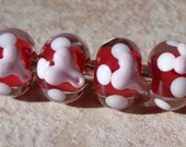 Red and White Beads with Bubblegum Pink Hearts Handmade LAMPWORK Bead Set