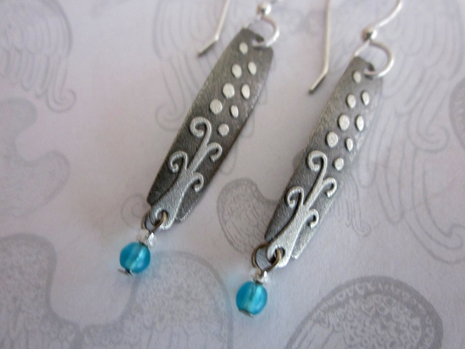 Earrings with Tree and Tiny Blue Crystal Drop