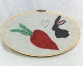Bunny and Carrot embroidery wall hanging on cotton muslin with recycled wool appliques mixed media