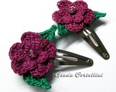 Flower and leaves hairclips, hairpins, violet, plum, emerald green, crystals, spring, summer