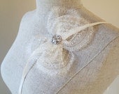 Elina Antique Ivory Lace Net Bow Bridal Headband on Silk Grosgrain Ribbon