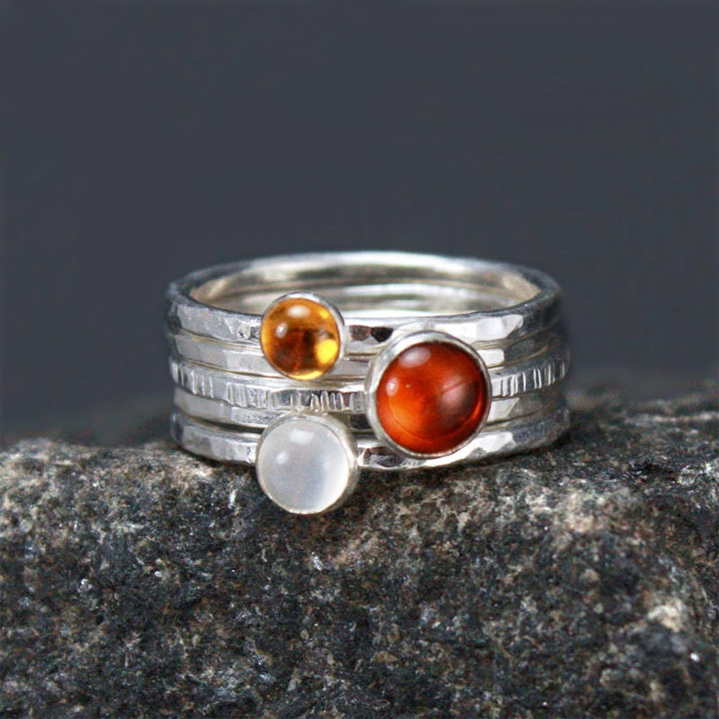 Amber Gold White Stacking Silver Rings, Set of 5 - Amber, Citrine and Moonstone