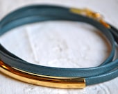 blue grey skinny leather triple wrap bracelet with long gold tube