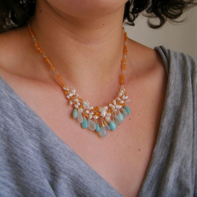 Statement Gemstone Necklace, Chalcedony Necklace, Aquamarine Necklace, Pearl Necklace, Carnelian Necklace, Floral Necklace, OOAK