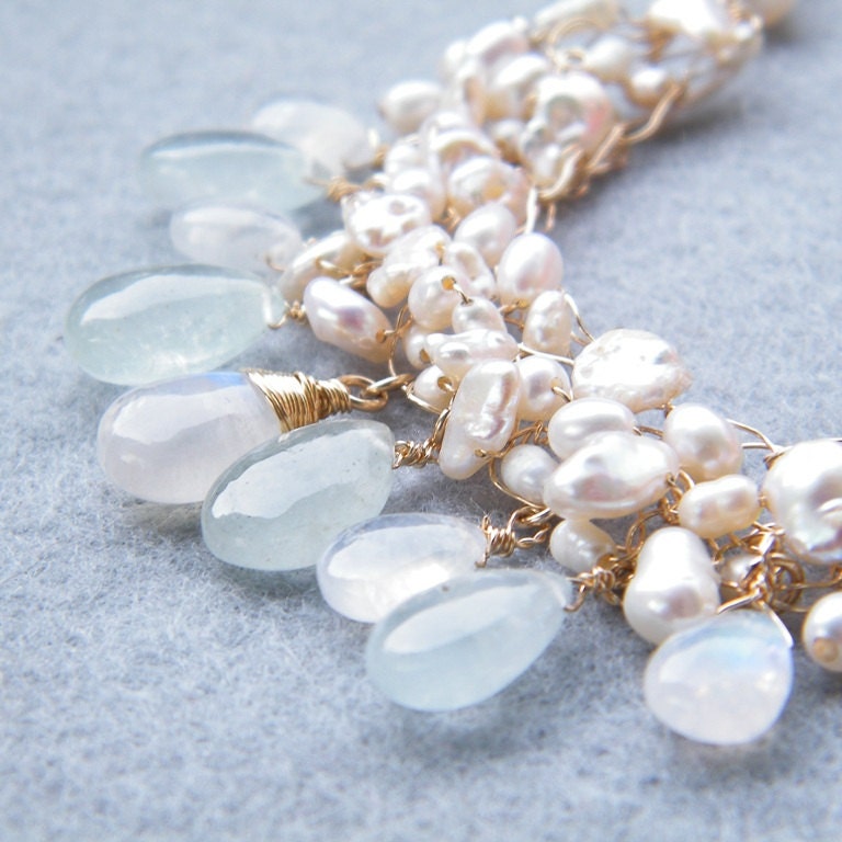 Statement Gemstone Necklace, Moonstone Necklace, Aquamarine Necklace, Pearl Necklace, Floral Necklace, OOAK