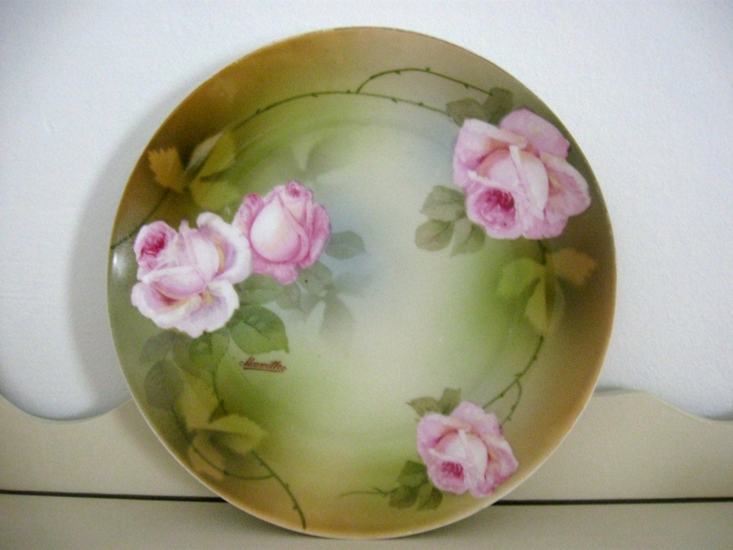 German Plate Hand Painted Pink Roses PSAG Bavaria