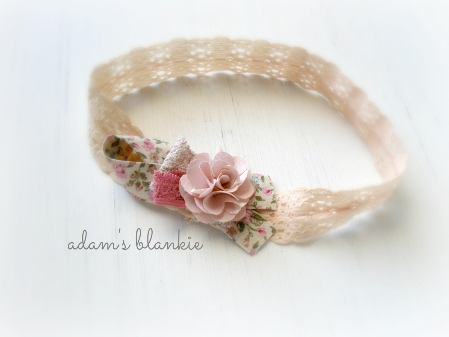 Winona - Vintage Inspired Rosette Headband - Pink Cream Ivory Beige Nude Lace Ribbon - Newborn Infant Baby Girl Toddler Adult