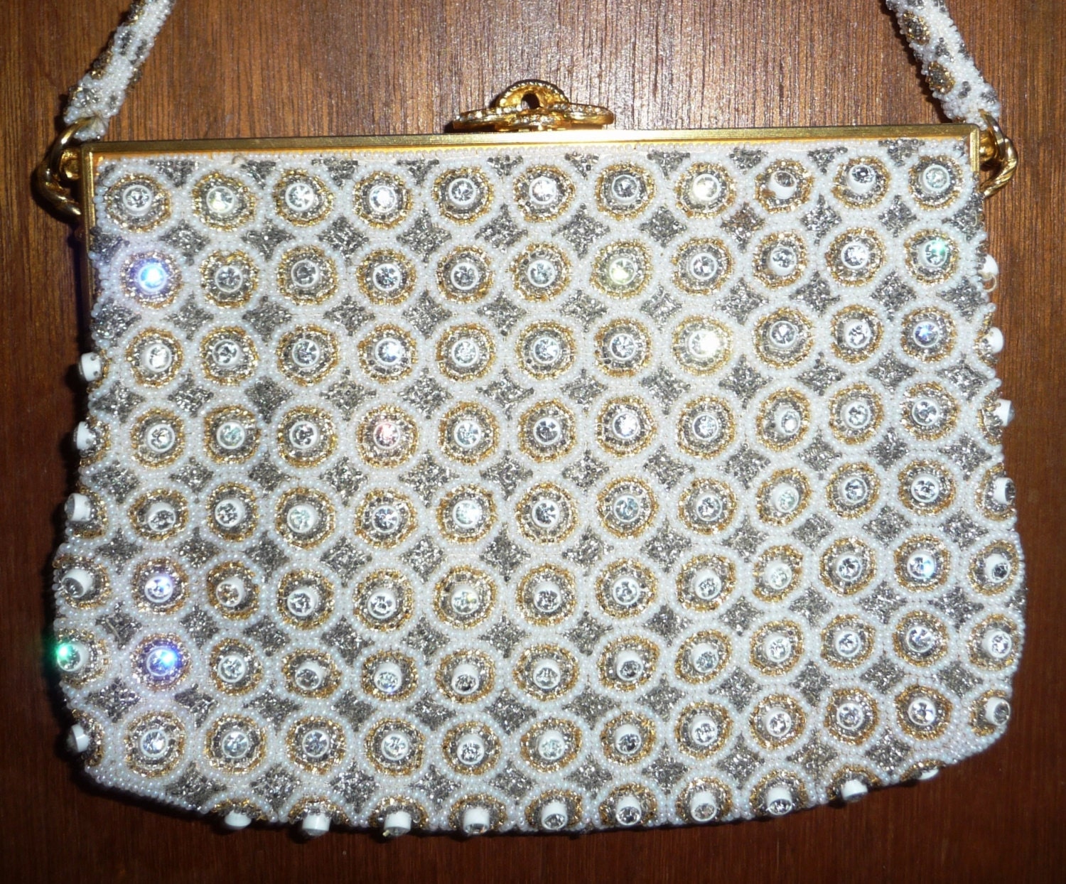 Formal Rhinestone Beaded Purse Evening Bag - White Silver Gold - Sparkly Wedding Purse Bridal Handbag - 1950s 50s - Belgium - collectible