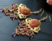 Rhodochrosite, Oregon sunstone,mystic antique pink quartz, carnelian, amethyst gold clay floral earrings - Prelude To A Rosy Summer