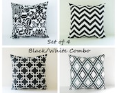 Black Pillow Covers Set of 4 Coordinating White Chevron 16x16