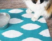 Pet Mat Feeding Reversible Turquoise Ikat Orange Placemat Dog Cat