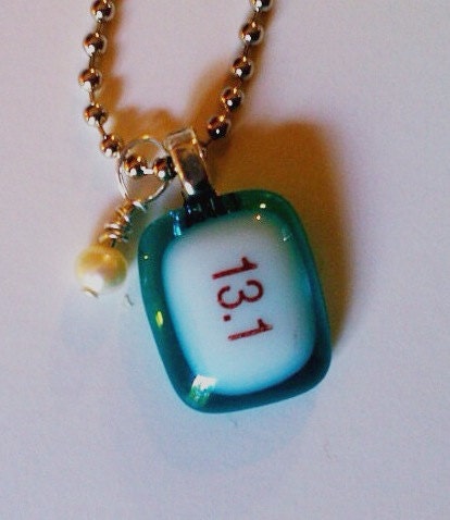 13.1 half marathon with wire wrapped pearl - glass fused necklace