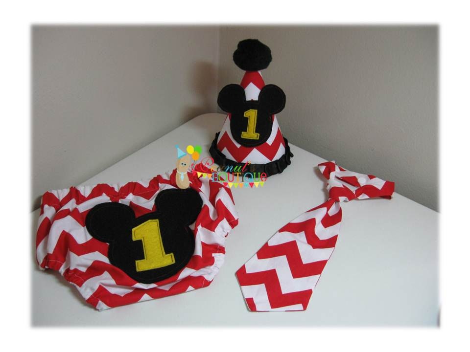 Baby Boy Toddler First Birthday Mickey Mouse Diaper Cover, Tie & Party Hat Red Chevron -- Photo Prop