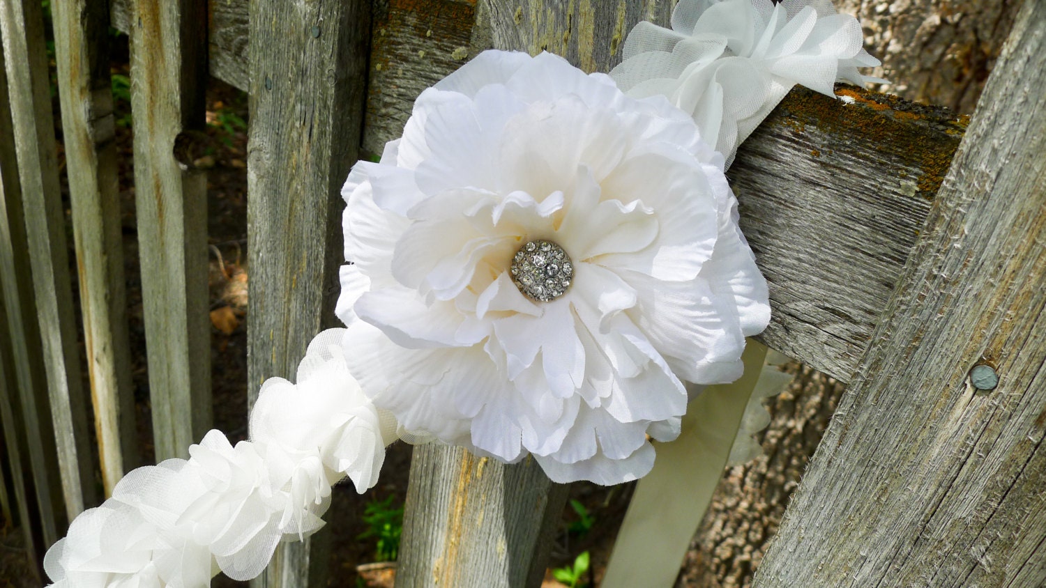 Luxe Ruffled Bridal Flower, Peony, Belt, Sash, Headpiece, Hair Crown, Boho, Ivory, Rhinestone, Accessory