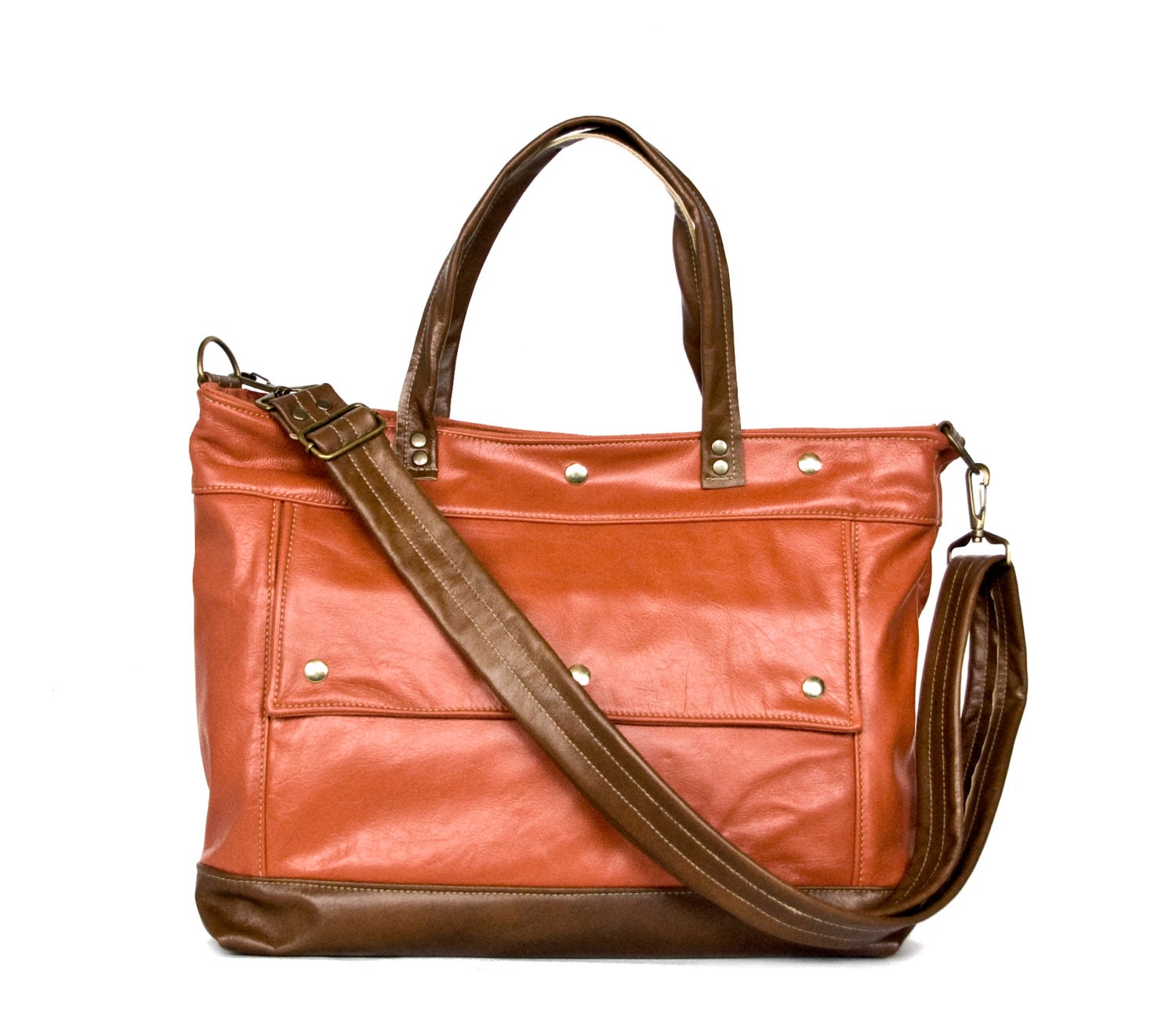Archive Tote Bag in Mandarin Orange and Brown Leather - Spring Pop Collection - Made to Order