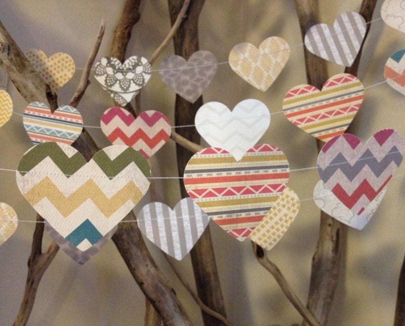 Vintage Indie Shabby Chic Chevron Heart Garland - home decor, wedding, party decoration, baby shower decoration, photo prop