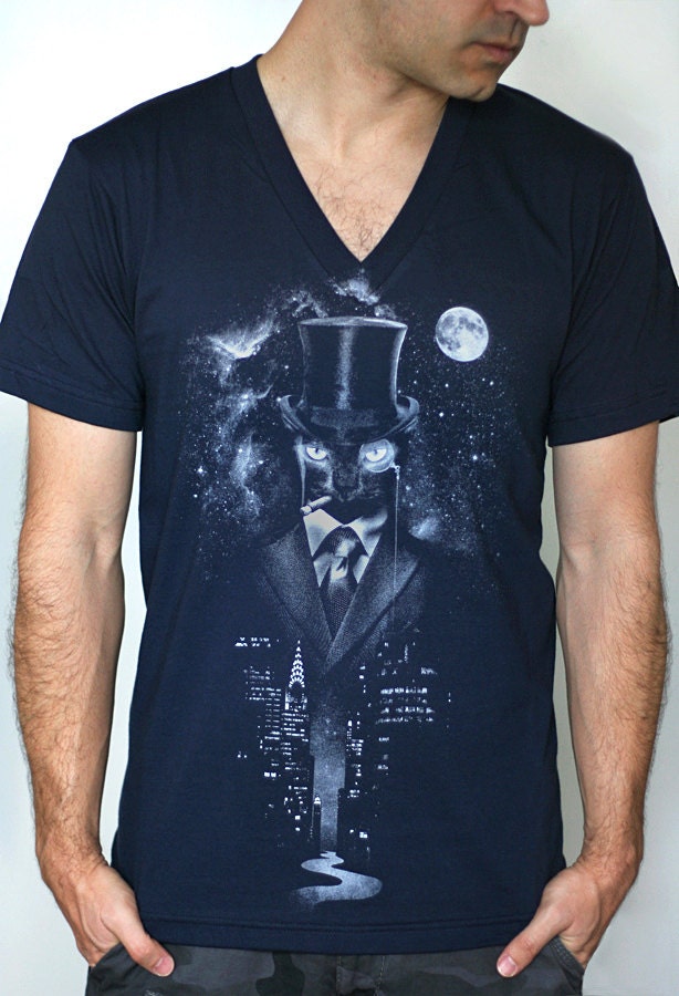 Night Watch - American Apparel Mens / Unisex V- Neck T shirt ( Space, Galaxy, Cat print clothing, Surreal t shirt )